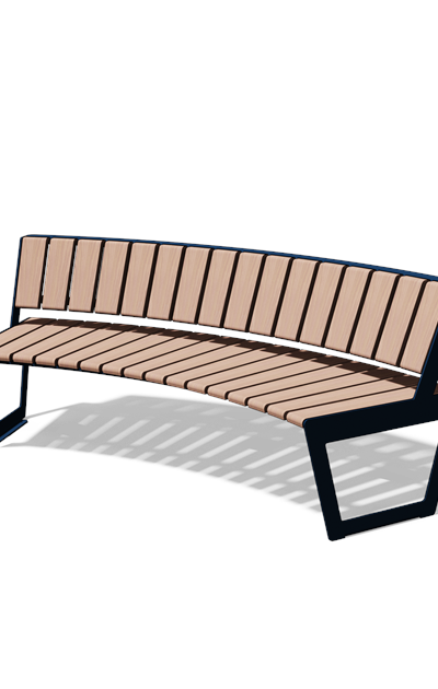 Gebogen driezitbank met rugleuning in hout en staal (R2000, lasergesneden profiel, variant B)