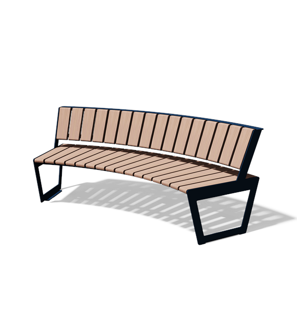 Gebogen driezitbank met rugleuning in hout en staal (R2000, lasergesneden profiel, variant B)