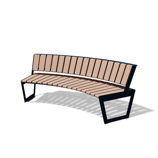 Gebogen driezitbank met rugleuning in hout en staal (R2000, lasergesneden profiel, variant B)