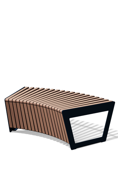 Gebogen tweezitbank zonder rugleuning in hout en staal (R1000, frontlamellen, variant C)