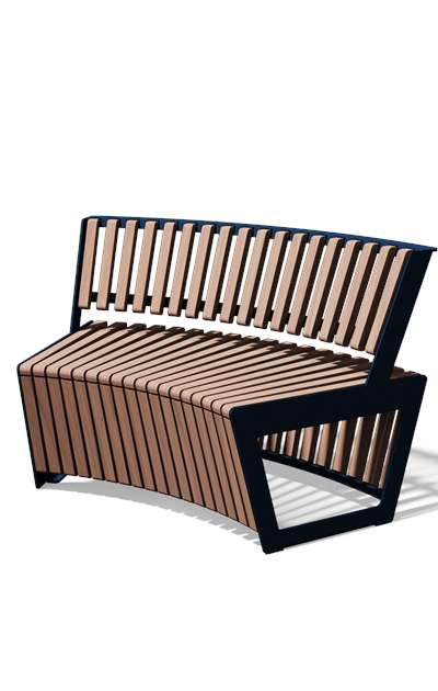 Gebogen tweezitbank met rugleuning in hout en staal (R1000, frontlamellen, variant C)