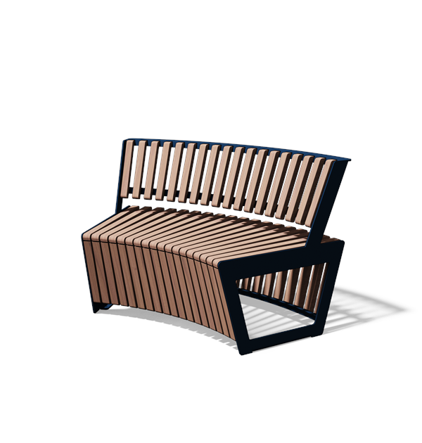 Gebogen tweezitbank met rugleuning in hout en staal (R1000, frontlamellen, variant C)