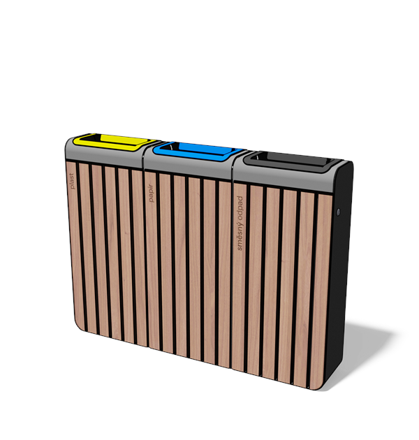 Afvalbak gescheiden inzameling 3×45 l in hout en staal met ononderbroken front