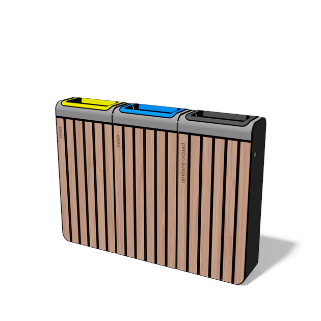 Afvalbak gescheiden inzameling 3×45 l in hout en staal met ononderbroken front
