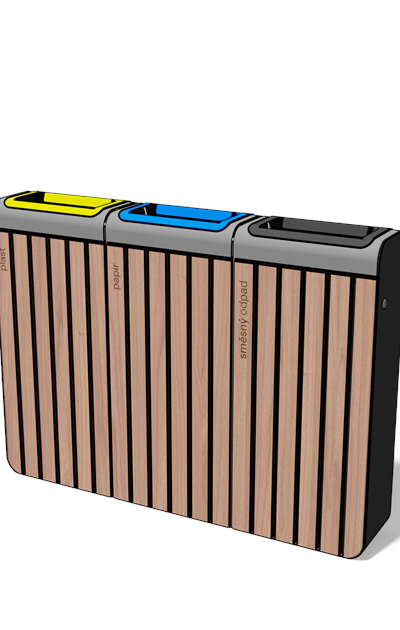 Afvalbak gescheiden inzameling 3×45 l in hout en staal met ononderbroken front