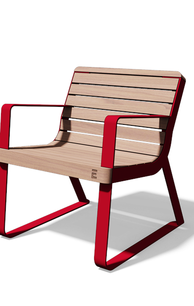 Fauteuil met armleuningen in hout en staal (gewelfd)