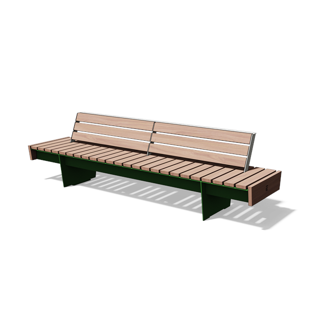 Brede ligbank met stalen rugleuning in hout en staal (3 m)