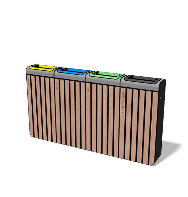 Afvalbak gescheiden inzameling 4×45 l in hout en staal met ononderbroken front