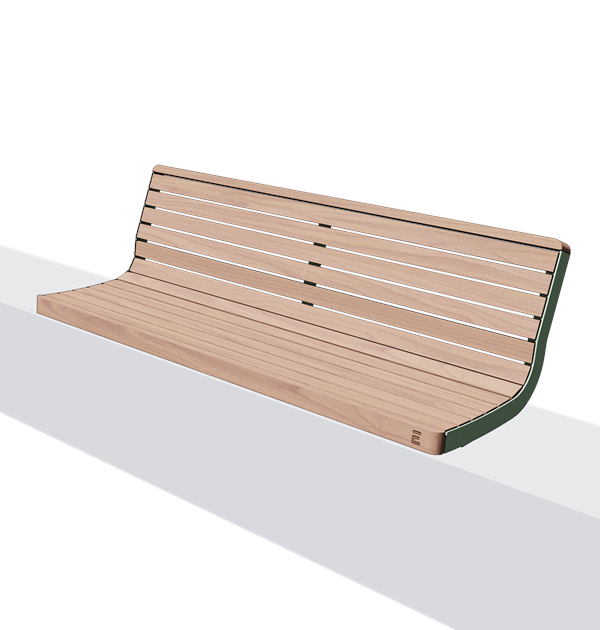 Wandbank met rugleuning in hout en staal (1,8 m, gewelfd)