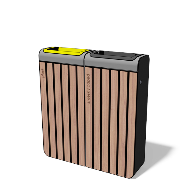 Afvalbak gescheiden inzameling 2×45 l in hout en staal met ononderbroken front