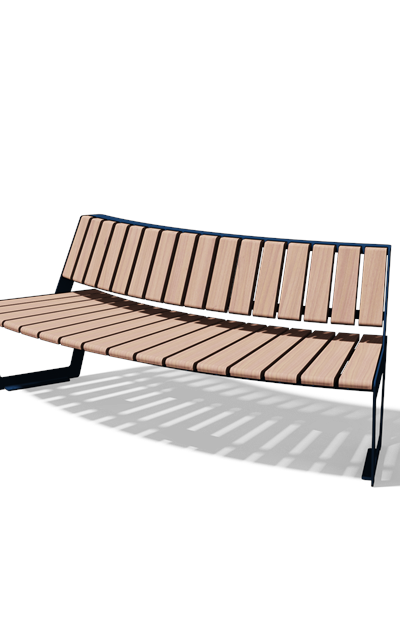Gebogen driezitbank met rugleuning in hout en staal (R2000, lasergesneden profiel, variant A)