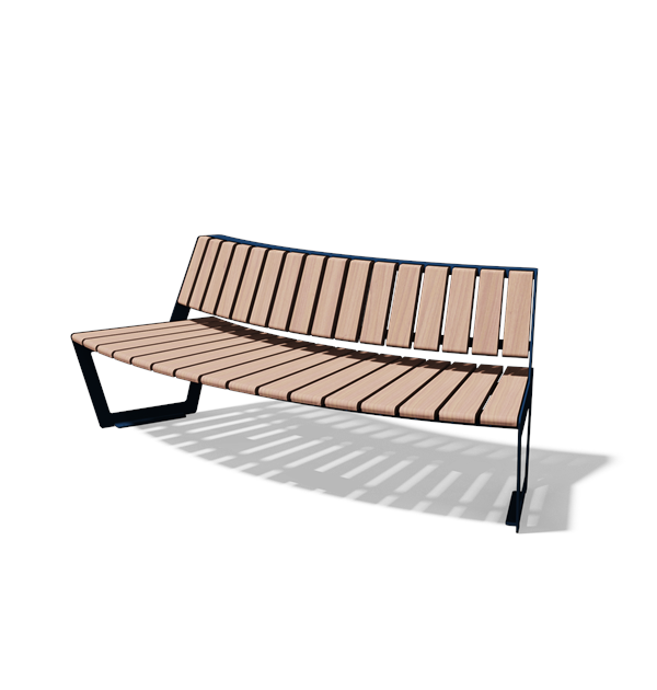 Gebogen driezitbank met rugleuning in hout en staal (R2000, lasergesneden profiel, variant A)