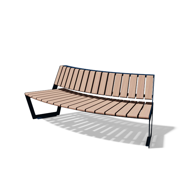 Gebogen driezitbank met rugleuning in hout en staal (R2000, lasergesneden profiel, variant A)