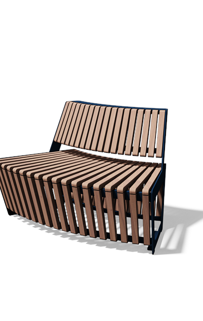Gebogen tweezitbank met rugleuning in hout en staal (R1000, frontlamellen, variant A)