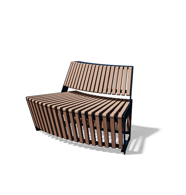 Gebogen tweezitbank met rugleuning in hout en staal (R1000, frontlamellen, variant A)