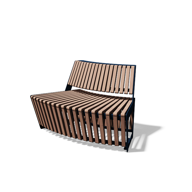 Gebogen tweezitbank met rugleuning in hout en staal (R1000, frontlamellen, variant A)