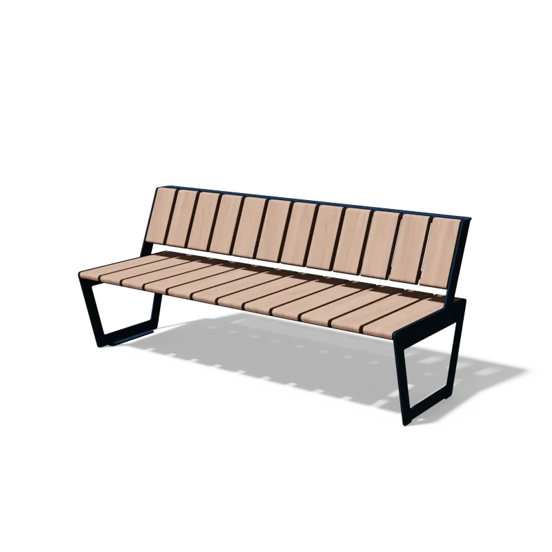 Driezitbank in hout en staal met rugleuning (1,8 m, modulair)