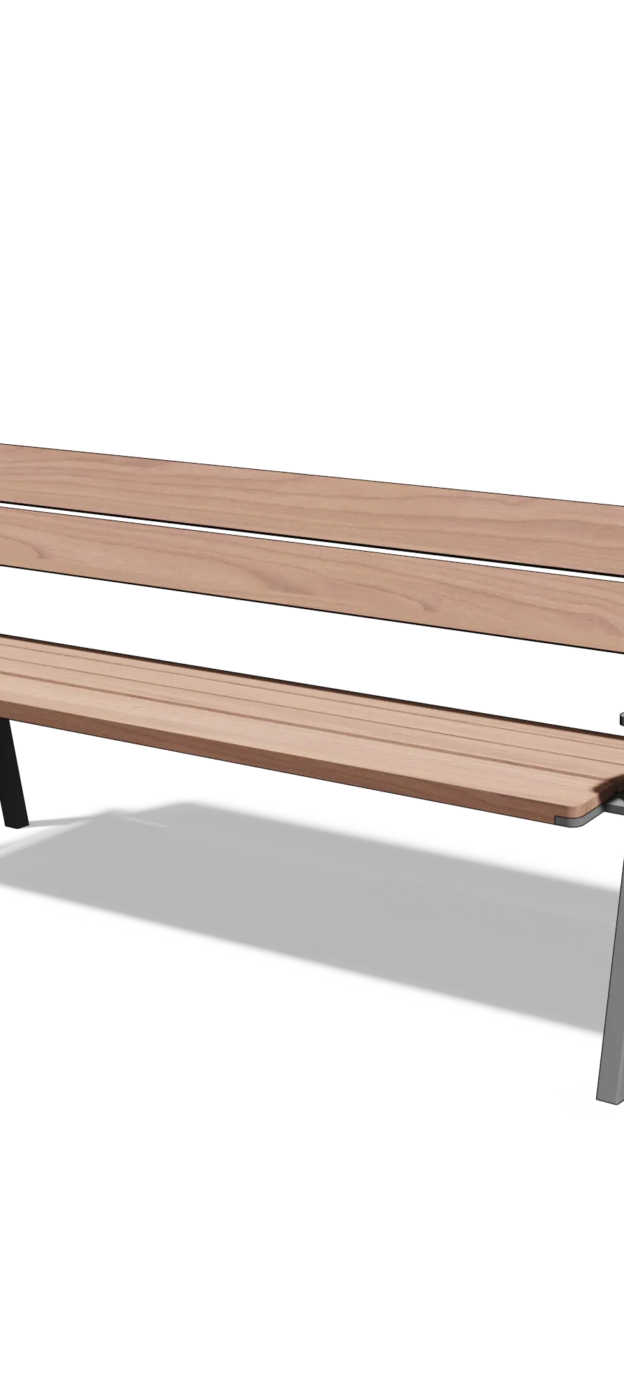 Driezitbank in hout en staal met rugleuning en armleuningen (1,8 m, planken)