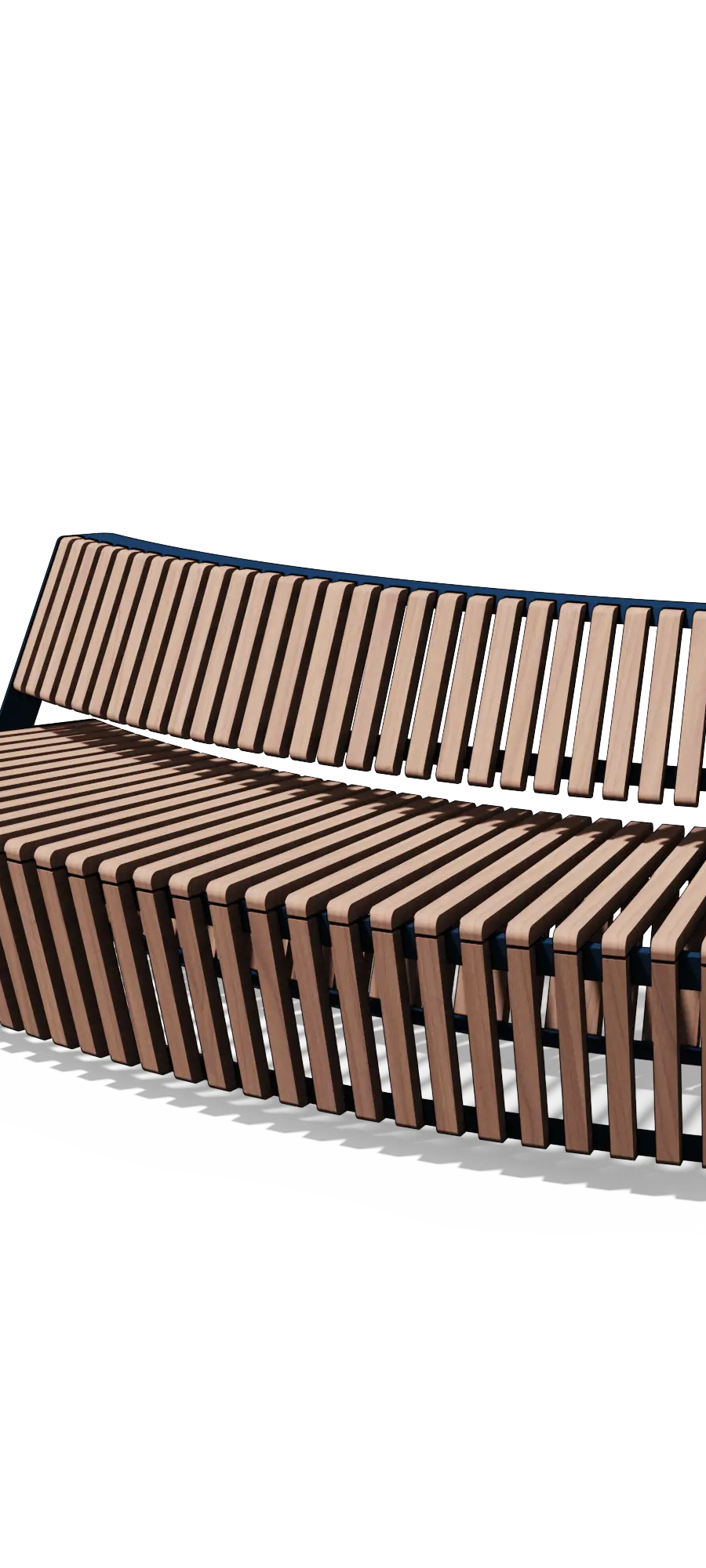 Gebogen zitbank in hout en staal met rugleuning (modulair, R2000, latten)